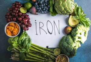 Iron rich food. Assortment of fruits and vegetables to prevent or fight anemia naturally.