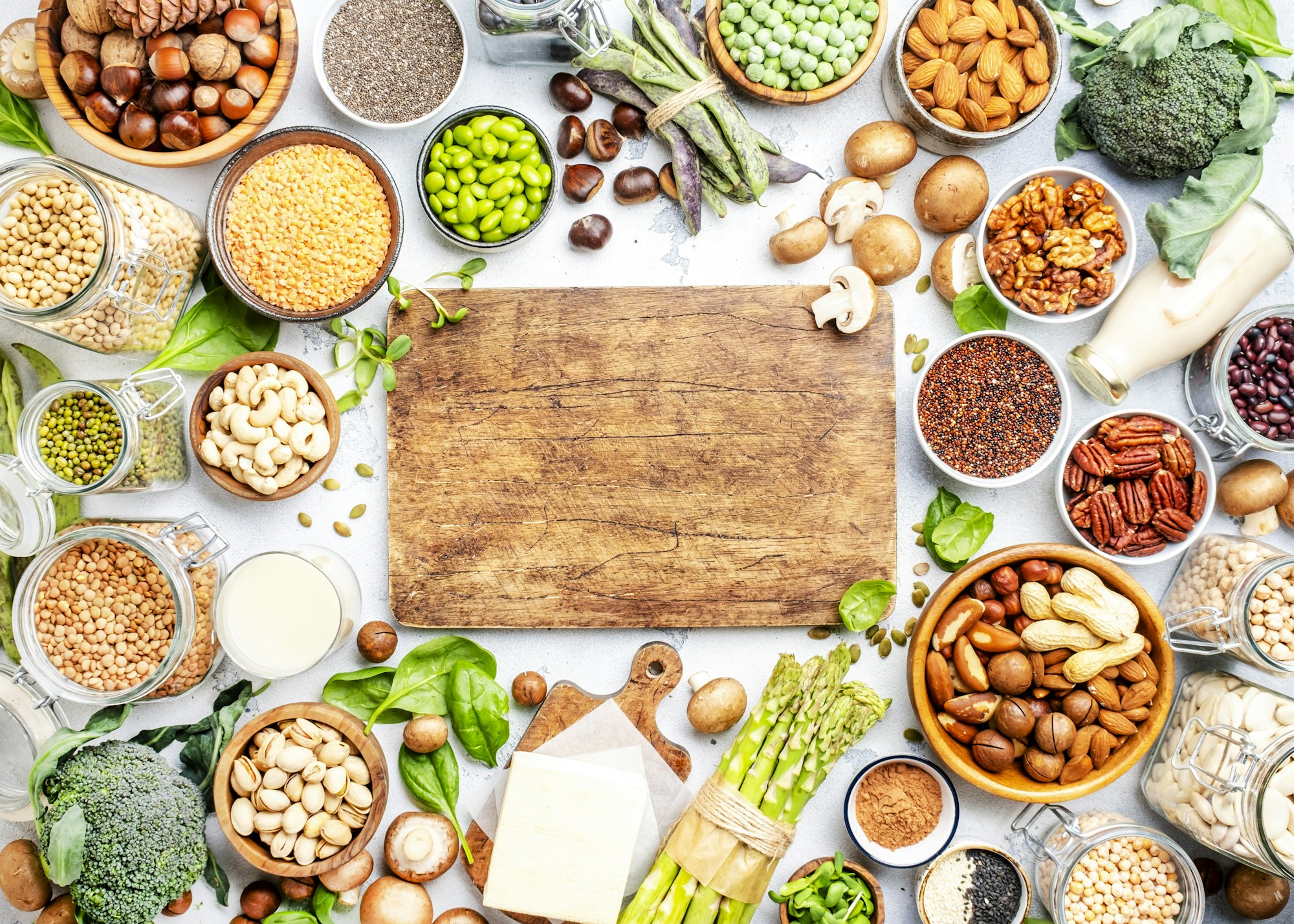 Vegan food background with copy space cutting board. Plant protein., vegetarian nutrition sources